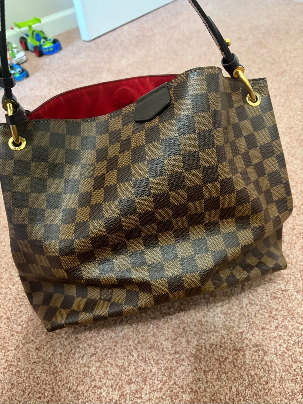 Louis Vuitton Damier Ebene Shoulder Bag with Red Interior